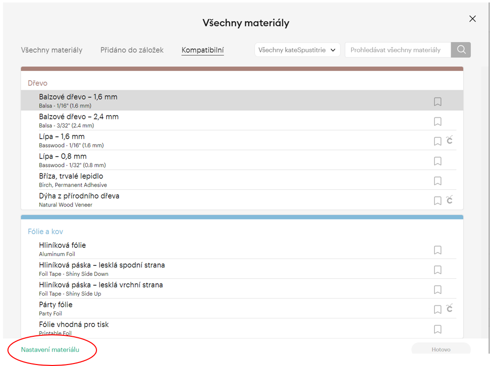 Nastavení materiálu